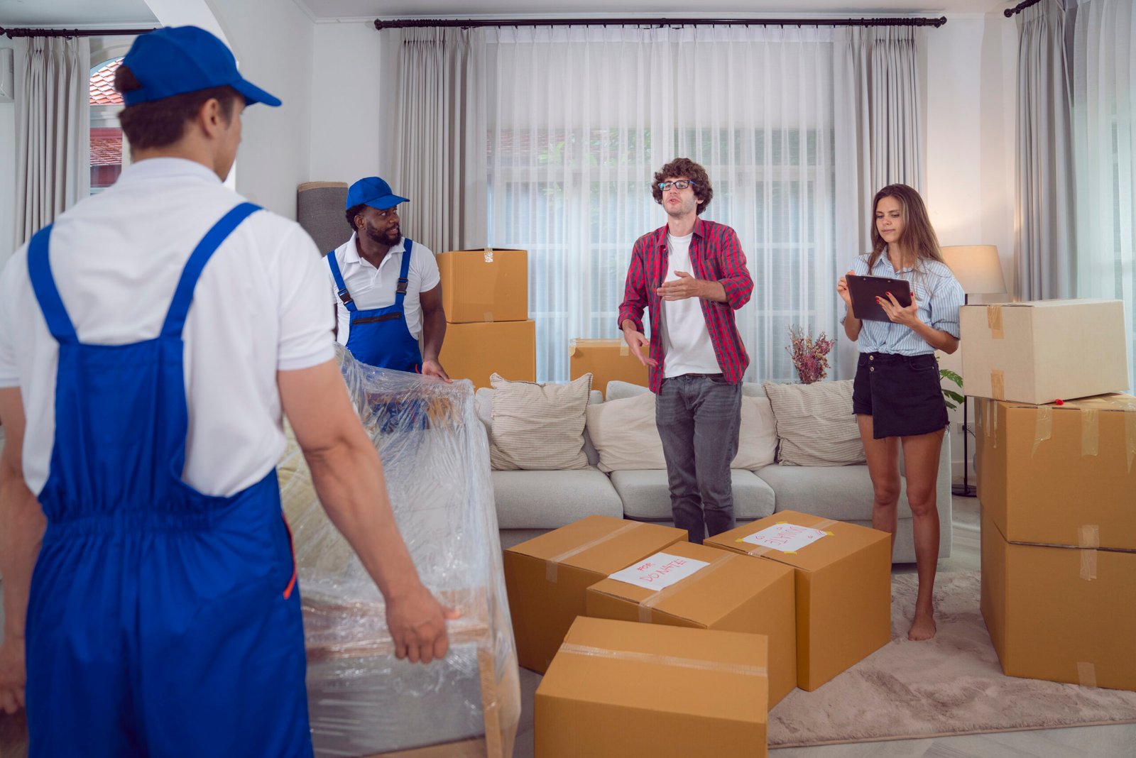 workers unloading boxes from van outdoors moving service customer need move new house scaled